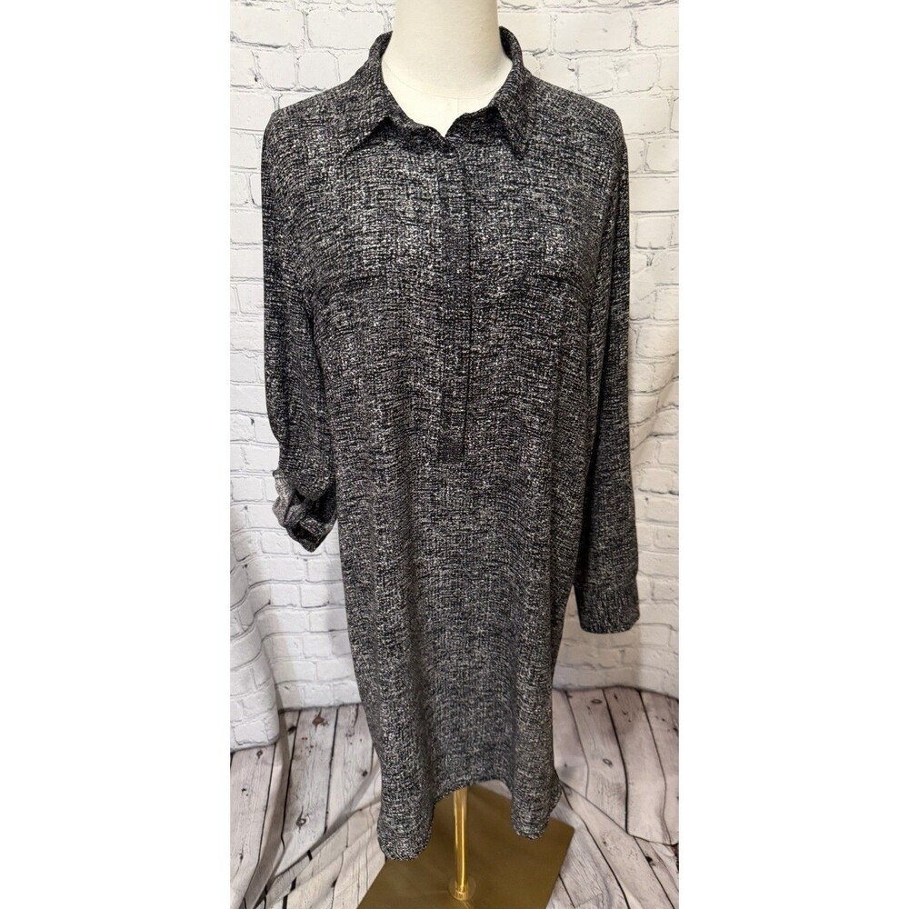 Lou & Grey Ann Taylor Loft Mottled Black White Mod Shift Henley Dress Large